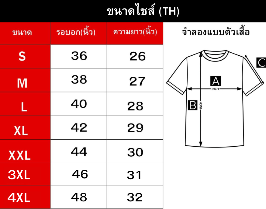 ขนาดไชส์เสื้อยืดที่สั่งผลิต