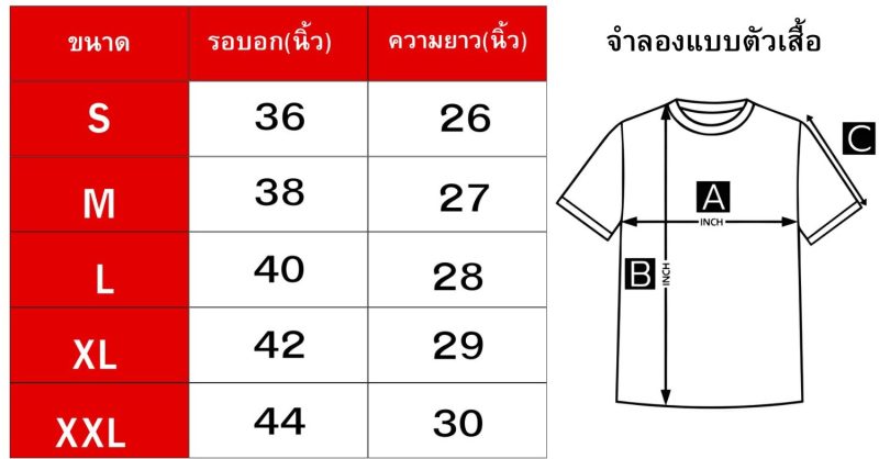 ตารางขนาดไชส์เสื้อที่สกรีน แบ่งตามขนาดและราคา