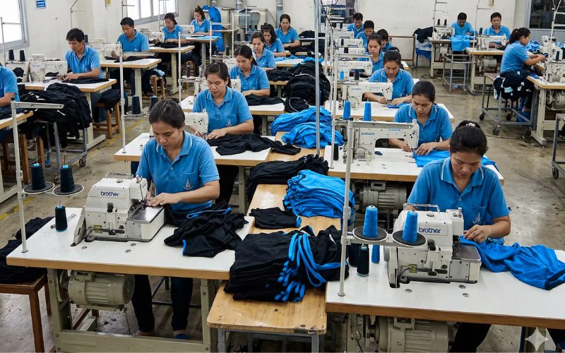 ลายผลิตเย็บเสื้อยืด กำลังเย็บเสื้อประมาณ20 คน