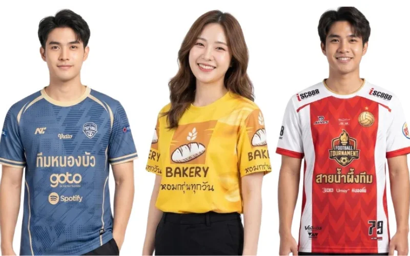 ตัวอย่างเสื้อกีฬาพิมพ์ลายและเสื้อทีมสั่งผลิต 3 รูปแบบ ซ้าย: เสื้อบอลพิมพ์ลายโทนสีน้ำเงินทอง "ทีมหนองบัว" กลาง: เสื้อยืดพิมพ์ลายกราฟิกเบเกอรี่สีเหลืองส้ม ขวา: เสื้อฟุตบอลพิมพ์ลายสีขาวแดงสั่งทำพิเศษ แสดงความคมชัดของงานพิมพ์ซับลิเมชัน (Sublimation) จากโรงงานผลิตเสื้อผ้าสำเร็จรูป