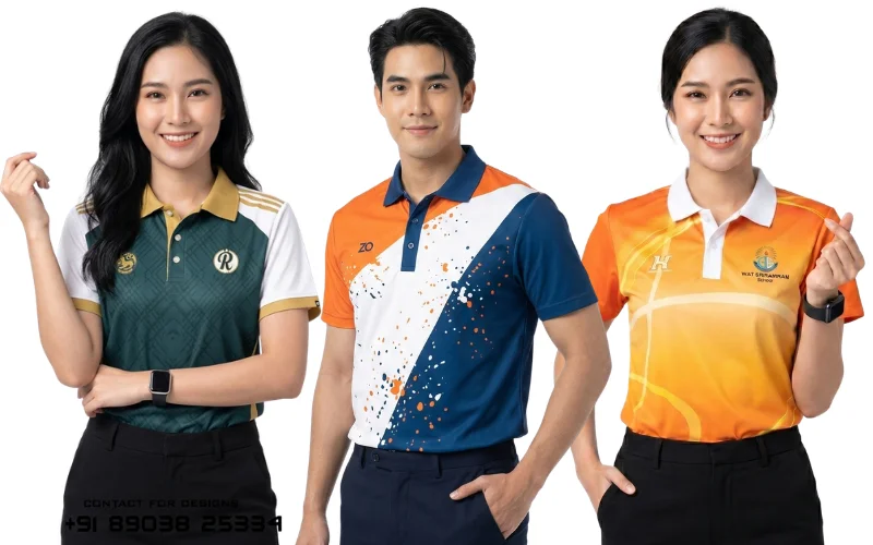 ผลงานรับผลิตเสื้อโปโลพิมพ์ลาย นางแบบและนายแบบสามคนใส่เสื้อโปโลพิมพ์ลายดิจิทัลซับลิเมชันแนวสปอร์ตและเสื้อทีมสถานศึกษา เสื้อตัวซ้ายสีเขียวเข้มพิมพ์ลายกราฟิกในเนื้อผ้าตัดต่อแขนสีขาวปกเสื้อและบ่าสีทองปักโลโก้ตัวอักษร R และตราสิงห์ เสื้อตัวกลางดีไซน์ตัดต่อสามสีส้มขาวและน้ำเงินกรมท่าพิมพ์ลายสแปลชจุดสีสเปรย์กระจาย เสื้อตัวขวาสีส้มไล่เฉดสีเหลืองพิมพ์ลายเส้นโค้งมีตราสัญลักษณ์โรงเรียนวัดสุวรรณาราม (Wat Suwannaram School) ผลงานผลิตเสื้อทีมและเสื้อโรงเรียน