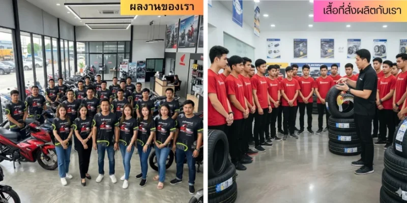 กลุ่มคนจำนวนมากสวมใส่เสื้อสีแดงสกรีลาย หน้า หลัง สกรีนว่า ยางบริสโตน