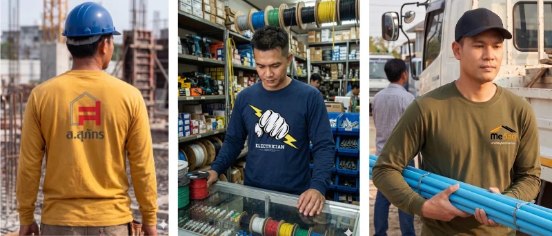 ภาพตัดแปะแบนเนอร์โฆษณา 3 ช่อง แสดงชายไทย 3 คนสวมเสื้อคนงานแขนยาวสีต่าง ๆ พร้อมสกรีนโลโก้ตามหน้างาน ช่องซ้ายสุดเป็นชายสวมหมวกนิรภัยสีน้ำเงินหันหลังอยู่ในเขตก่อสร้าง สวมเสื้อสีมัสตาร์ดสกรีนโลโก้สีแดง 'ส.สุภัทร' ช่องกลางเป็นช่างไฟฟ้าสวมเสื้อสีกรมท่าสกรีนรูปหมัดและสายฟ้า 'ELECTRICIAN' กำลังทำงานในร้านขายอุปกรณ์ ช่องขวาสุดเป็นชายสวมหมวกแก๊ปสีดำ สวมเสื้อสีเขียวขี้ม้าสกรีนโลโก้ 'Me วัสดุ' กำลังแบกท่อพีวีซีสีฟ้าอยู่ข้างรถบรรทุก