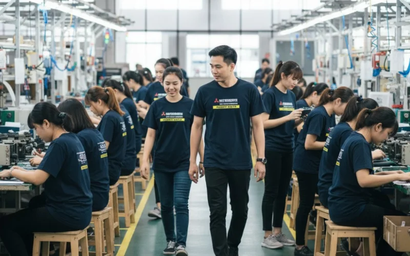 เสื้อยืดชุดพนักงานโรงงานสีน้ำเงินเข้มสกรีนโลโก้ ชุดฟอร์มพนักงานฝ่ายผลิตในไลน์โรงงานอุตสาหกรรม