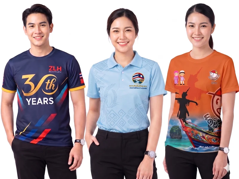 รับสกรีนเสื้อลายทั่วไป เสื้อสีน้ำเงินสกรีนภาพเต็มด้านหน้า เสื้อสีฟ้สกรีนเฉพาะจุดกลางอกช้าย สีส้มสกรีนเรือทั้งตัว