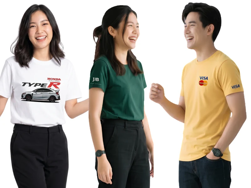 รับสกรีนเสื้อตำแหน่งปลายแขนเสื้อ เสื้อสีเหลืองสรีนปลายแขนว่า visa พร้อมโลโก้ เสื้อสีเขียวสกรีนคำว่าjib เสื้อยืดสีขาวคอกลม สกรีนรูปรถ honda
