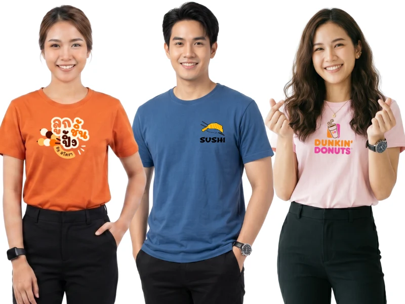 เรารับสกรีนเสื้อให้กับพนักงานประจำร้านค้าเสื้อสีชมพูสกรีนด้านหน้าภาพใหญ่ dunkin donus เสื้อยืดสีกรมสกรีนโลโก้ชูชิ เสื้อสีส้มสกรีนหน้าอกเสื้อ ลูกชิ้นปิ้งพร้อมภาพ