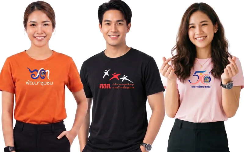 บริการรับสกรีนเสื้อยืดหน่วยงานราชการและองค์กรต่างๆ แสดงนายแบบและนางแบบสวมเสื้อคอกลม 3 สี: เสื้อสีส้มสกรีนโลโก้ "พัฒนาชุมชน", เสื้อสีดำสกรีนโลโก้ "สสส. สำนักงานกองทุนสนับสนุนการสร้างเสริมสุขภาพ", และเสื้อสีชมพูสกรีนโลโก้ครบรอบ "50 ปี กรมการพัฒนาชุมชน"