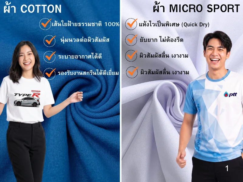 ผู้หญิงแสดงท่าทางเสมือนว่า โรงงานรับผลิตเสื้อของเราพร้อที่จะ ผลิตเสื้อตามแบบที่ลูกค้าต้องการ เธอสวมเสื้อยืดสีขาวเนื้อผ้าcotton พร้อมมีผ้าที่ยังไม่ได้ผลิต ผู้ชายใส่เสื้อยืดพิมพ์ลายสีฟ้าขาว เนื้อผ้า polyyester(micro sport) พร้อมกับรูปผ้าตัวอย่าง