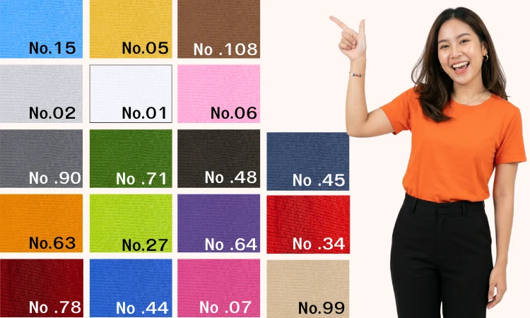 ชาร์ตแสดงตัวอย่างสีเนื้อผ้า Cotton 100% แยกตามเบอร์สี เช่น No.01 สีขาว, No.44 สีน้ำเงิน, No.63 สีส้ม พร้อมภาพนางแบบสวมเสื้อยืดสีส้มกำลังยืนชี้นิ้วแนะนำสีผ้า สำหรับสั่งทำเสื้อยืดกับโรงงาน Eagle29