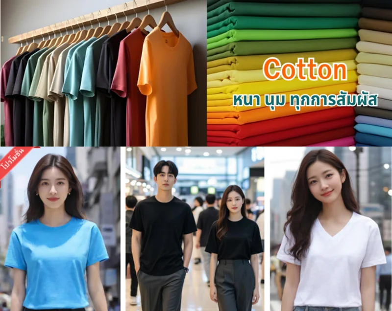"รูปภาพคอลลาจแบบหลายส่วนที่แสดงตัวเลือกสินค้าและคุณภาพของเสื้อยืดเปล่า โดยมีการอ้างถึงไฟล์ชื่อ 'เสื้อยืดเปล่า.webp' ส่วนบนซ้ายเป็นภาพเสื้อยืดคอกลมหลากสี (เช่น แดงเข้ม, ดำ, เขียวอมฟ้า, เทา, เขียวขี้ม้า, ส้มสด) แขวนเรียงรายอย่างเป็นระเบียบหน้าร้านค้า ส่วนบนขวาแสดงกองพับผ้าฝ้ายหลากสีที่หนาและนุ่มซ้อนกันเป็นชั้นๆ พร้อมข้อความภาษาอังกฤษคำว่า 'Cotton' และข้อความภาษาไทย 'หนา นุ่ม ทุกการสัมผัส' เพื่อเน้นคุณภาพของวัสดุ ส่วนล่างประกอบด้วยแบบจำลอง (models) สามคนสวมเสื้อยืดแบบต่างๆ: ทางซ้ายเป็นผู้หญิงสวมเสื้อคอกลมสีฟ้าสดพร้อมริบบิ้น 'โปรโมชั่น' ที่มุม, ตรงกลางเป็นผู้ชายและผู้หญิงเดินด้วยกันในห้างสรรพสินค้าโดยทั้งคู่สวมเสื้อคอกลมสีดำ, และทางขวาเป็นผู้หญิงสวมเสื้อคอวีสีขาวและยิ้มอย่างมีความสุข พื้นหลังของแบบจำลองทั้งสามเป็นบรรยากาศเมืองหรือห้างสรรพสินค้าที่เบลอเล็กน้อย แสดงให้เห็นสไตล์ที่หลากหลาย"