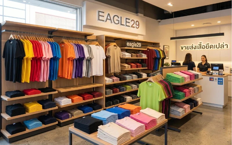 ภาพถ่ายมุมกว้างภายในร้านค้า "EAGLE 29" ที่สว่างและจัดเป็นระเบียบเรียบร้อย แสดงการจัดแสดงเสื้อยืดเปล่าหลากสีสันมากมาย องค์ประกอบหลักคือชั้นวางไม้และราวแขวนที่เต็มไปด้วยเสื้อยืดเปล่าคอกลม มีทั้งแบบแขวนและแบบพับซ้อนกันเป็นกองอย่างประณีต ด้านซ้ายมือมีชั้นวางสูงและราวแขวนที่จัดเรียงเสื้อยืดตามสีรุ้งสดใส ได้แก่ ดำ, เหลือง, แดง, ชมพู, ฟ้า, น้ำเงิน, ส้ม, ม่วง, เทา, และขาว ชั้นวางด้านล่างมีเสื้อผ้าพับซ้อนกันตามสี ตรงกลางภาพมีป้ายหลักขนาดใหญ่เหนือชั้นวางที่เขียนว่า "EAGLE 29" เป็นตัวอักษรสีทองบนพื้นผิวสีครีม และด้านล่างมีโลโก้ขนาดเล็ก "eagle 29" ราวแขวนตรงกลางแสดงเสื้อยืดเพิ่มเติมในโทนสีน้ำตาลและสีทึบ มีโต๊ะจัดแสดงต่ำตรงกลางด้านหน้าที่มีเสื้อยืดพับซ้อนกันเป็นกองๆ ในเฉดสีพาสเทล (ครีม, ชมพูอ่อน) และสีเข้ม (ฟ้า, น้ำเงิน, ดำ) ด้านขวามือมีโต๊ะจัดแสดงอีกตัวที่แสดงเสื้อยืดเพิ่มเติม มีเสื้อสีเขียวมะนาวแขวนอยู่ด้านหน้าสุด และเสื้อพับซ้อนกันเป็นกอง (ชมพูเข้ม, เขียว) ด้านหลังขวาเป็นเคาน์เตอร์ชำระเงินสีขาว พนักงานหญิงสองคนยืนอยู่หลังเคาน์เตอร์ ยิ้มและดูต้อนรับ ด้านหลังพวกเขามีป้ายไฟที่เขียนตัวอักษรไทยว่า "ขายส่งเสื้อยืดเปล่า" เหนือเคาน์เตอร์มีหน้าจอ POS อุปกรณ์รูดบัตร และโลโก้ Mastercard/Visa สภาพแวดล้อมโดยรวมเป็นแบบทันสมัยด้วยพื้นคอนกรีตขัดเงาและผนังปูนเปลือย มีไฟสปอตไลท์ส่องสว่างทั่วทั้งร้าน หน้าต่างบานใหญ่เปิดรับแสงธรรมชาติด้านซ้าย