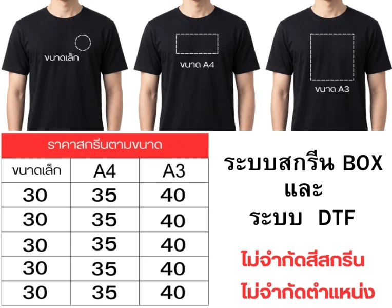 ตารางขนาดและราคาค่าบริการบล็อกสกรีนเสื้อยืดระบบ BOX และระบบ DTF จากโรงงานรับผลิตเสื้อยืด Eagle29