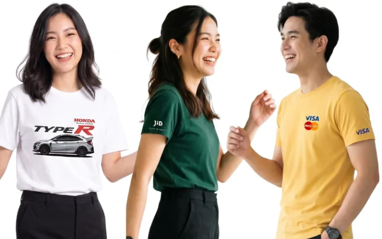 ตัวอย่างงานจากโรงงานรับผลิตเสื้อยืดสกรีนและปักโลโก้แบรนด์องค์กรเสื้อพนักงานหลากสีสัน