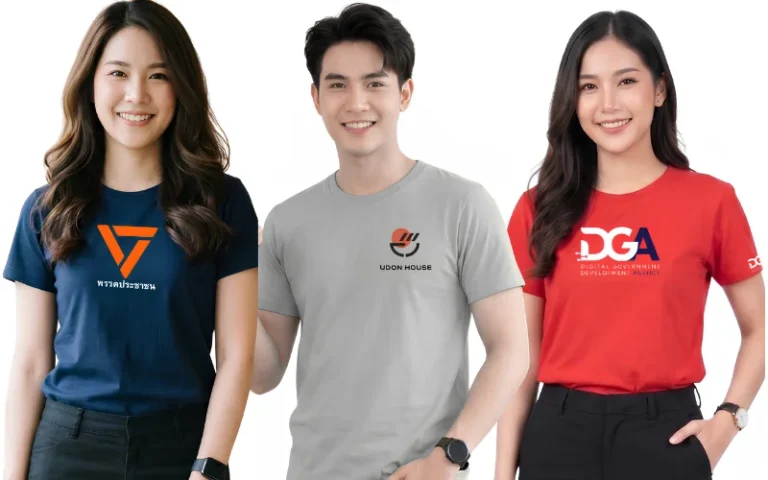 ตัวอย่างงานจากโรงงานรับผลิตเสื้อยืดสกรีนโลโก้หน่วยงานและองค์กรเสื้อพนักงานหลากสีสัน