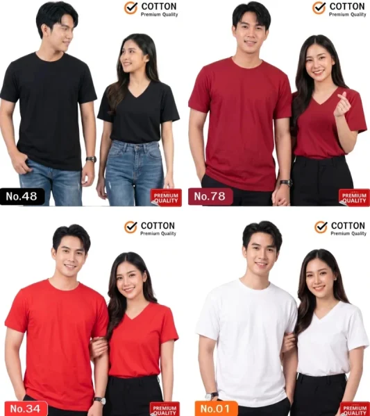ภาพคอลลาจถ่ายแบบ 4 ช่องแสดงตัวอย่างเสื้อยืดคู่ชายหญิง ช่องบนซ้ายนายแบบสวมเสื้อยืดคอกลมสีดำ No.48 และนางแบบสวมเสื้อยืดคอวีสีดำ ช่องบนขวานายแบบสวมเสื้อยืดคอกลมสีแดงเลือดหมู No.78 และนางแบบสวมเสื้อยืดคอวีสีแดงเลือดหมู ช่องล่างซ้ายนายแบบสวมเสื้อยืดคอกลมสีแดงสด No.34 และนางแบบสวมเสื้อยืดคอวีสีแดงสด ช่องล่างขวานายแบบสวมเสื้อยืดคอกลมสีขาว No.01 และนางแบบสวมเสื้อยืดคอวีสีขาว ทุกช่องภาพมีสัญลักษณ์เครื่องหมายถูกหน้าข้อความ COTTON Premium Quality ด้านบน และป้าย PREMIUM QUALITY สีแดงที่มุมขวาล่าง สะท้อนผลงานจริงสำหรับบริการรับทำเสื้อยืด และสั่งทำเสื้อยืดคุณภาพสูงตรงจากโรงงานเสื้อยืด Eagle 29 อ้างอิงไฟล์ ตัวอย่างเสื้อยืดคอกลม คอวี ที่ลูกค้าสั่งผลิตที่โรงงานผลิตเสื้อยืด ของเรา ชุดที่ (1)