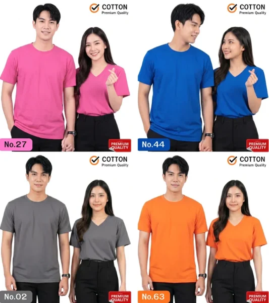 ภาพพรีเซนเทชั่นจากโรงงานเสื้อยืด แสดงตัวอย่างเสื้อยืดคอกลมและเสื้อยืดคอวีสำเร็จรูปแยกเป็น 4 เฉดสีพร้อมรหัสสีและป้าย PREMIUM QUALITY ทุกบล็อก บล็อกบนซ้ายแสดงเสื้อยืดสีชมพูรหัส No.27 บล็อกบนขวาแสดงเสื้อยืดสีน้ำเงินรหัส No.44 โดยทั้งสองบล็อกนี้มีนางแบบทำท่ามินิฮาร์ท ส่วนบล็อกล่างซ้ายแสดงเสื้อยืดสีเทาเข้มรหัส No.02 และบล็อกล่างขวาแสดงเสื้อยืดสีส้มรหัส No.63 ทุกบล็อกมีนายแบบสวมเสื้อคอกลมและนางแบบสวมเสื้อคอวีผ้า Cotton คุณภาพพรีเมียม สะท้อนบริการรับผลิตเสื้อยืดและสั่งทำเสื้อยืดตามสั่งที่ลูกค้าไว้วางใจเลือกรับทำเสื้อยืดกับเรา