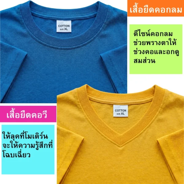 ภาพอินโฟกราฟิกแนะนำทรงเสื้อยืดพรีเมียม ช่องบนซ้ายเป็นภาพเสื้อยืดคอกลมสีน้ำเงิน มีป้ายทอระบุ COTTON SIZE XL พร้อมแถบหัวข้อสีส้มขวาบนระบุ 'เสื้อยืดคอกลม' และกล่องข้อความสีเขียวอธิบายจุดเด่น 'ดีไซน์คอกลมช่วยพรางตาให้ช่วงคอและอกดูสมส่วน' ช่องล่างขวาเป็นภาพเสื้อยืดคอวีสีเหลืองมัสตาร์ด มีป้ายทอระบุ COTTON SIZE XL พร้อมแถบหัวข้อสีชมพูซ้ายมือระบุ 'เสื้อยืดคอวี' และกล่องข้อความสีฟ้าอธิบายจุดเด่น 'ให้ลุคที่โมเดิร์นจะให้ความรู้สึกที่โฉบเฉี่ยว' เป็นภาพตัวอย่างประกอบบริการรับทำเสื้อยืด และสั่งทำเสื้อยืดตามดีไซน์ที่ต้องการราคาส่งจากโรงงานเสื้อยืด Eagle 29