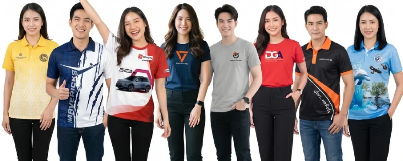 กลุ่มแบบจำลองชายและหญิงชาวเอเชีย 8 คน ยืนเรียงหน้ากระดานส่งยิ้มสดใสบนพื้นหลังสีขาวล้วน โชว์ตัวอย่างเสื้อยูนิฟอร์มพนักงานและเสื้อทีมหลากหลายรูปแบบ โดยมีเสื้อโปโลสีเหลืองลายไทยพิมพ์ตราสิงห์, เสื้อโปโลสปอร์ตสีกรมท่าขาวพ่นลายกราฟิก, เสื้อยืดสกรีนลายคาร์โตโยต้าสีขาวแดง, เสื้อยืดสีน้ำเงินเข้มสกรีนโลโก้สามเหลี่ยมสีส้ม, เสื้อยืดคอกลมสีเทาอ่อน, เสื้อยืดคอกลมสีแดงสกรีนอักษร DGA, เสื้อโปโลทูโทนสีดำส้ม และเสื้อโปโลสีฟ้าพิมพ์ลายธรรมชาติสามมิติรูปโลมาและป่าชายเลน