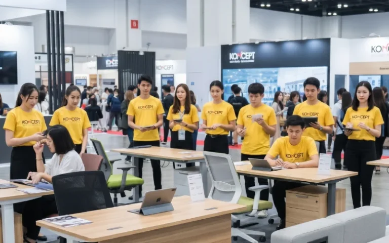 รีวิวผลงานจากโรงงานรับผลิตเสื้อยืดสกรีนลายเสื้อพนักงาน Koncept Furniture สีเหลืองสำหรับใส่ทีมออกบูธจัดแสดงสินค้า