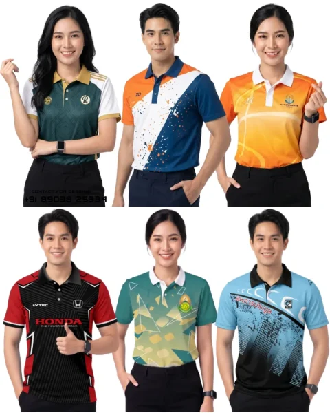 ภาพแบบจำลองชายและหญิงชาวเอเชีย 6 คน ยืนจัดเรียงเป็นสองแถว (แถวบน 3 คน แถวล่าง 3 คน) บนพื้นหลังสีขาวล้วน โชว์ตัวอย่างเสื้อคอปกโปโลพนักงานและเสื้อทีมงานพิมพ์ลายดิจิทัลเต็มตัว โดยเสื้อแถวบนประกอบด้วยเสื้อโปโลทูโทนสีเขียวเข้มตัดขาวทองสไตล์คลาสสิก, เสื้อโปโลลายกราฟิกสาดสีทแยงมุมส้มขาวกรมท่า, เสื้อโปโลไล่เฉดสีส้มเหลืองพิมพ์ลายเส้นโค้งพริ้วไหว ส่วนแถวล่างประกอบด้วยเสื้อโปโลทีมฮอนด้าสีดำแดงพิมพ์ลายกราฟิกแนวสปอร์ตซิ่ง, เสื้อโปโลสีเขียวพาสเทลพิมพ์ลายเรขาคณิตสามเหลี่ยมสี่เหลี่ยมพร้อมตราสัญลักษณ์ และเสื้อโปโลสีฟ้าตัดดำพิมพ์ลายกราฟิกสตรีทอาร์ตพร้อมข้อความภาษาไทย 'สหการประมูล' ทุกคนยืนส่งยิ้มอย่างมั่นใจในชุดยูนิฟอร์ม