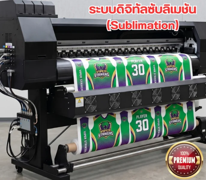 ภาพเครื่องจักรจากโรงงานรับผลิตเสื้อพิมพ์ลาย แสดงเครื่องพิมพ์ผ้าดิจิทัลขนาดใหญ่กำลังพิมพ์ลวดลายเสื้อกีฬาลงบนม้วนกระดาษซับลิเมชัน ตัวเสื้อเป็นลายทีม VIPER STRIKERS โทนสีเขียวม่วง มีข้อความสกรีน PLAYER 30 ด้านบนของภาพมีข้อความสีแดงขอบขาวระบุ ระบบดิจิทัลซับลิเมชัน (Sublimation) และมุมขวาล่างมีตราสัญลักษณ์วงกลมสีทองระบุ 100% PREMIUM QUALITY