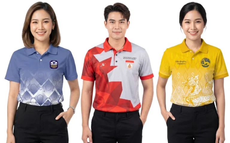 ตัวอย่างผลงานจากโรงงานรับผลิตเสื้อพิมพ์ลาย แสดงแบบเสื้อคอโปโลและเสื้อทีมพิมพ์ลาย 3 สไตล์ ด้านซ้ายเป็นผู้หญิงสวมเสื้อโปโลสีฟ้าครามไล่เฉดกราฟิกหกเหลี่ยมพร้อมโลโก้หน่วยงาน ตรงกลางเป็นผู้ชายสวมเสื้อโปโลโทนสีเทาตัดลายกราฟิกเรขาคณิตสีแดงส้มสไตล์สปอร์ต และด้านขวาเป็นผู้หญิงสวมเสื้อโปโลสีเหลืองทองตกแต่งลายไทยและลายสิงห์สีขาว ทุกคนสวมกางเกงสแล็คสีดำในลุคสุภาพเรียบร้อย ทุกตัวผลิตด้วยเทคนิคพิมพ์ซับลิเมชันสีสดคมชัด